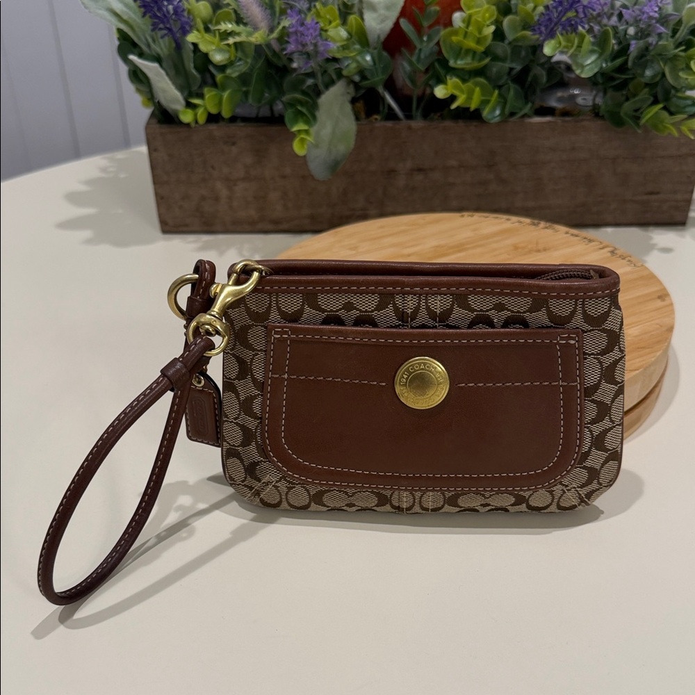 Coach Brown Leather & Canvas Wristlet